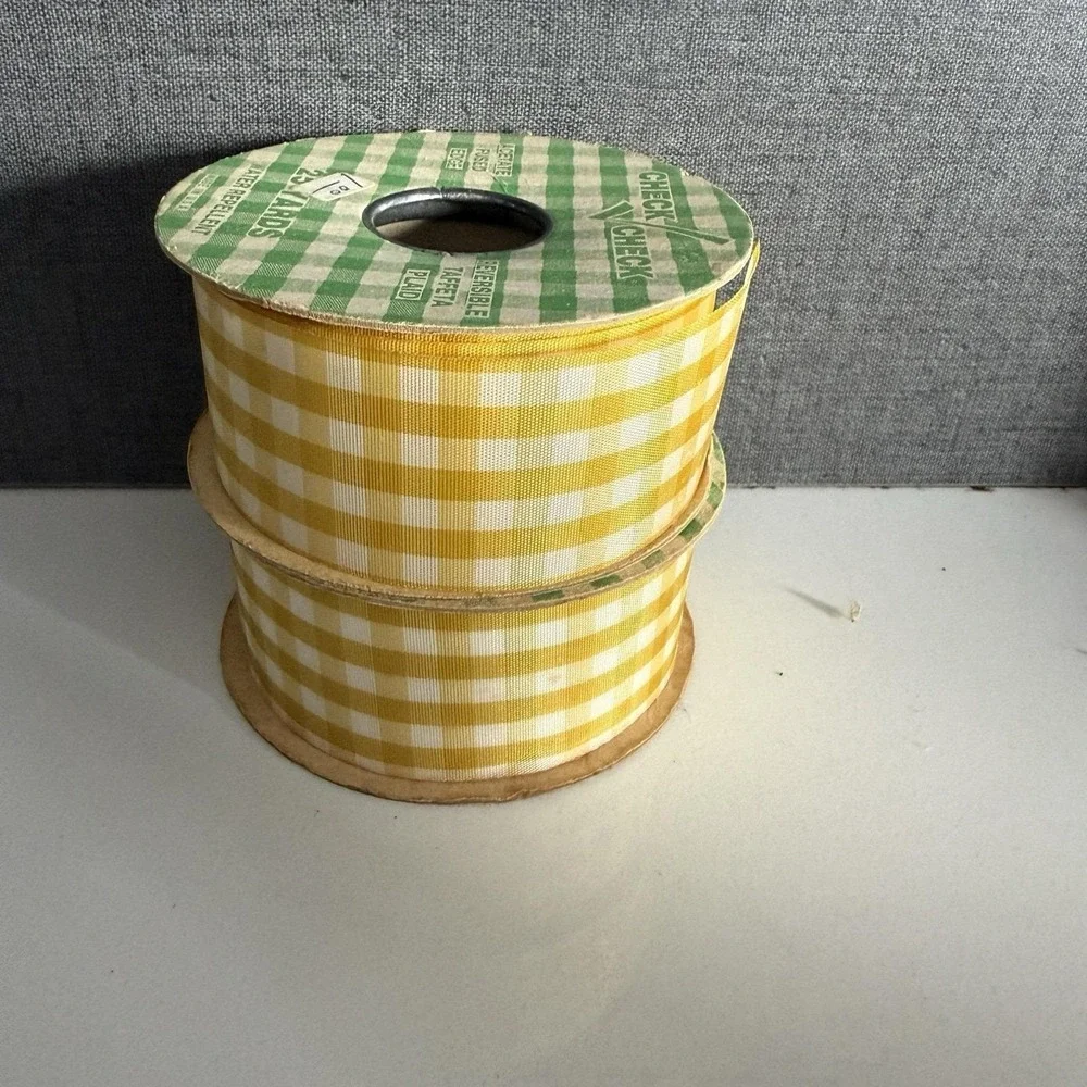 Vintage Lot of 9 Rolls Fabric Ribbons Red Yellow Brown Blue Pattern Check Plaid